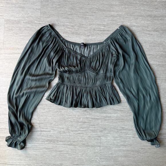 Lulus Sophisticate Dark Emerald Green Satin Ruched Long Sleeve Top XS - Picture 1 of 7